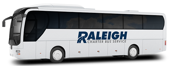 a plain white charter bus with a raleigh charter bus service logo on it
