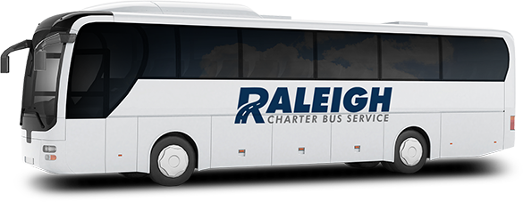 a plain white charter bus with a raleigh charter bus service logo on it
